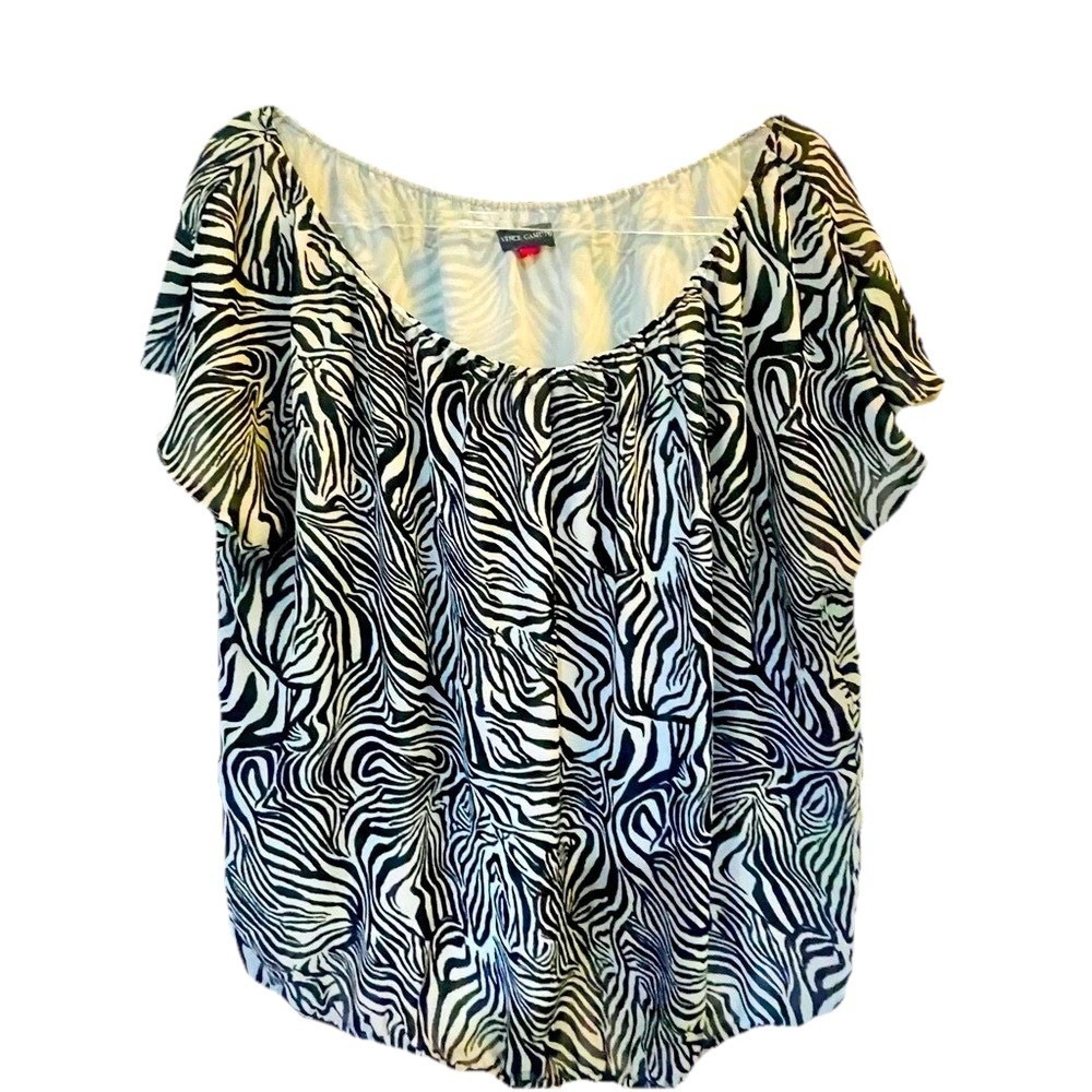 Vince Camuto Plus Size‎ Top Black White animal print Blouse flutter sleeve  1X